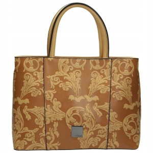 Front beżowej torebki Nobo, delikatne logo i orientalny panel, skóra ekologiczna - sklep Niua.pl