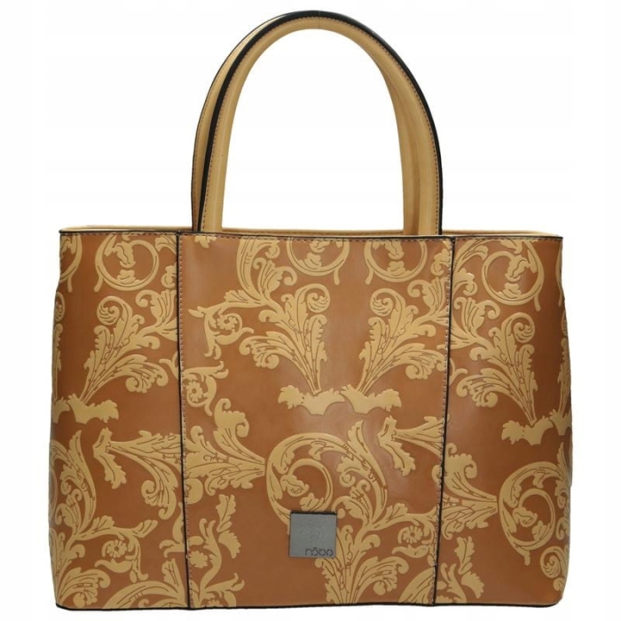 Front beżowej torebki Nobo, delikatne logo i orientalny panel, skóra ekologiczna - sklep Niua.pl