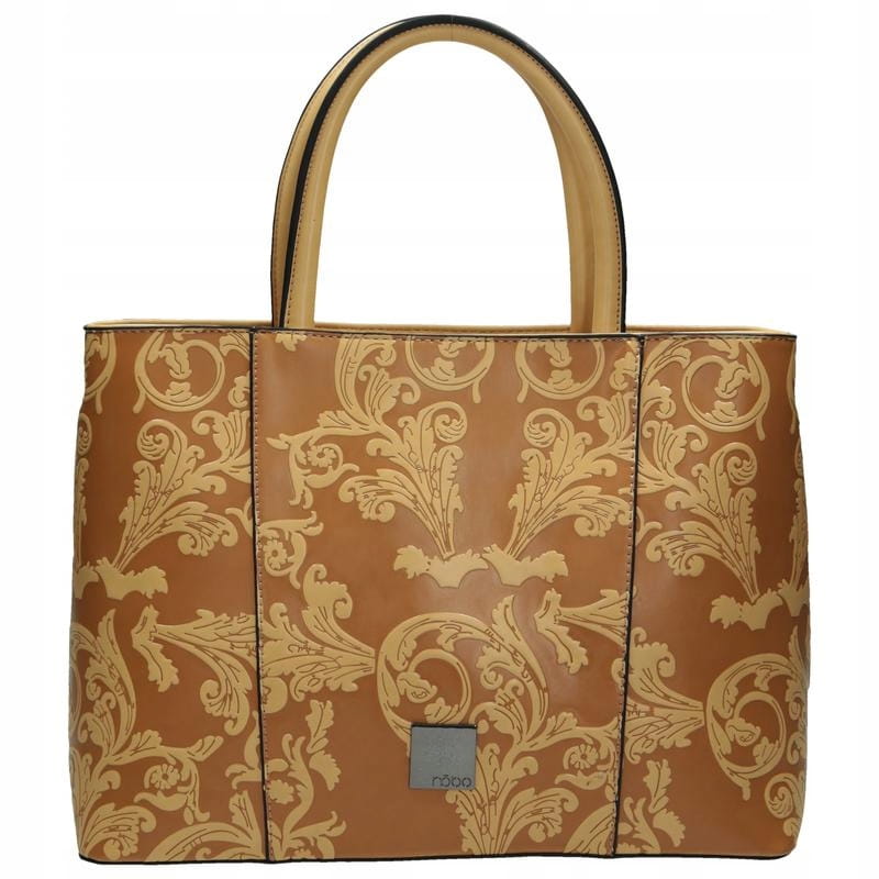 Front beżowej torebki Nobo, delikatne logo i orientalny panel, skóra ekologiczna - sklep Niua.pl