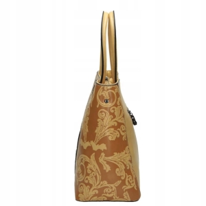 Srebrne ozdobne okucia i orientalny panel beżowej torebki Nobo, elegancka wizytowa torba - Niua.pl