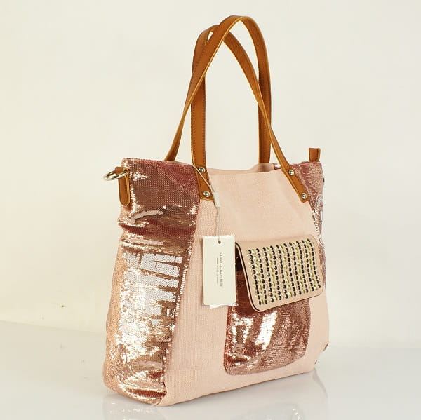 Torebka worek David Jones różowa – widok z boku, regulowany pasek, praktyczne wnętrze, Niua.pl