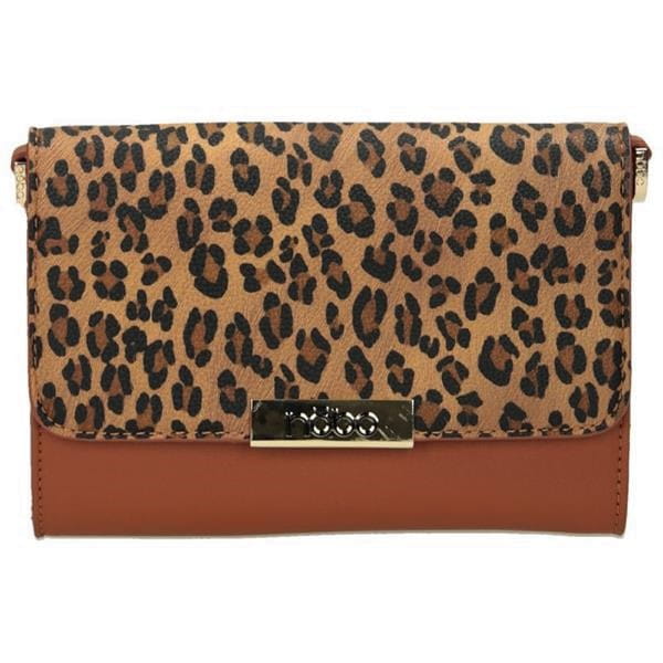 Elegancka listonoszka damska Nobo brązowa – detal złotego logo i panterki