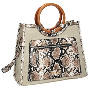 Przód torebki Nobo beżowej z logiem firmy – stylowa i funkcjonalna