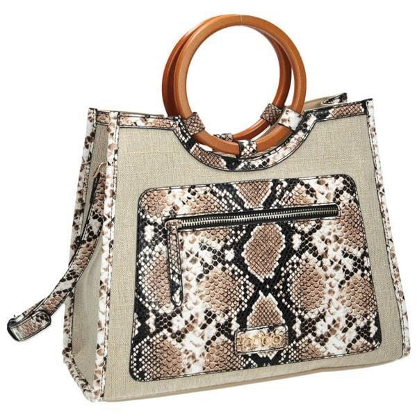 Przód torebki Nobo beżowej z logiem firmy – stylowa i funkcjonalna