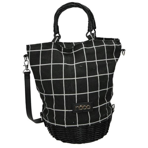 Czarny wiklinowy koszyczek torebka Nobo z lnu – przód torby z zamkiem i kieszonkami