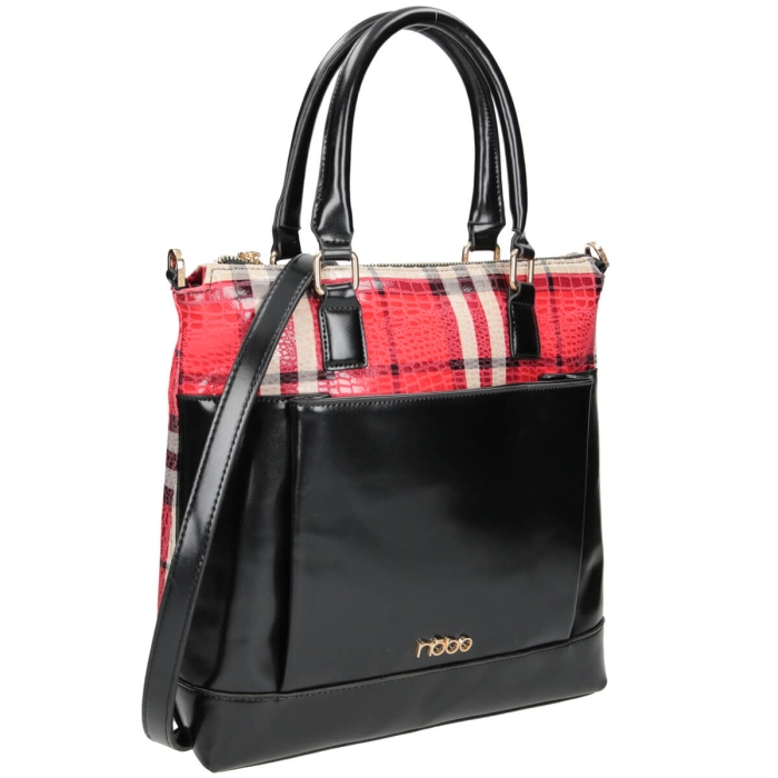 Front torebki Nobo czarno-czerwonej z kieszonką i złotym logo