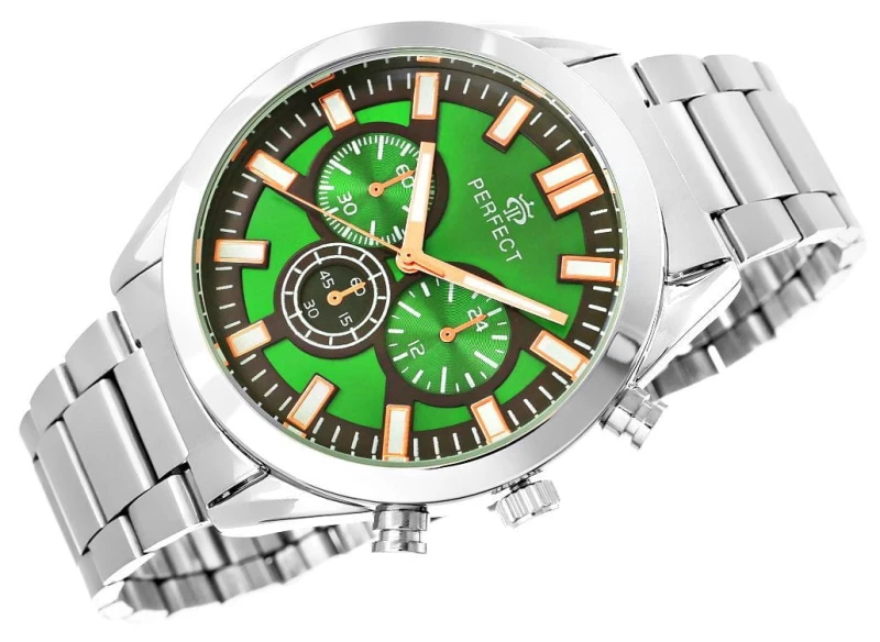 Zbliżenie na zieloną tarczę zegarka PERFECT M288-4 – imitacja chronografu i miedziane detale.