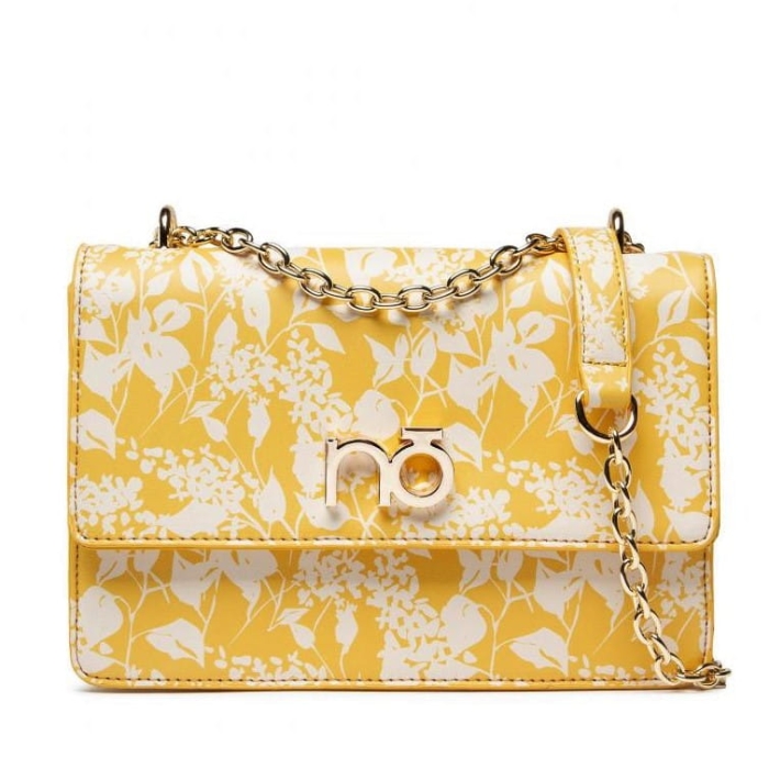 Żółta listonoszka damska Nobo z łańcuszkiem – front torebki z logo marki, elegancka i modna