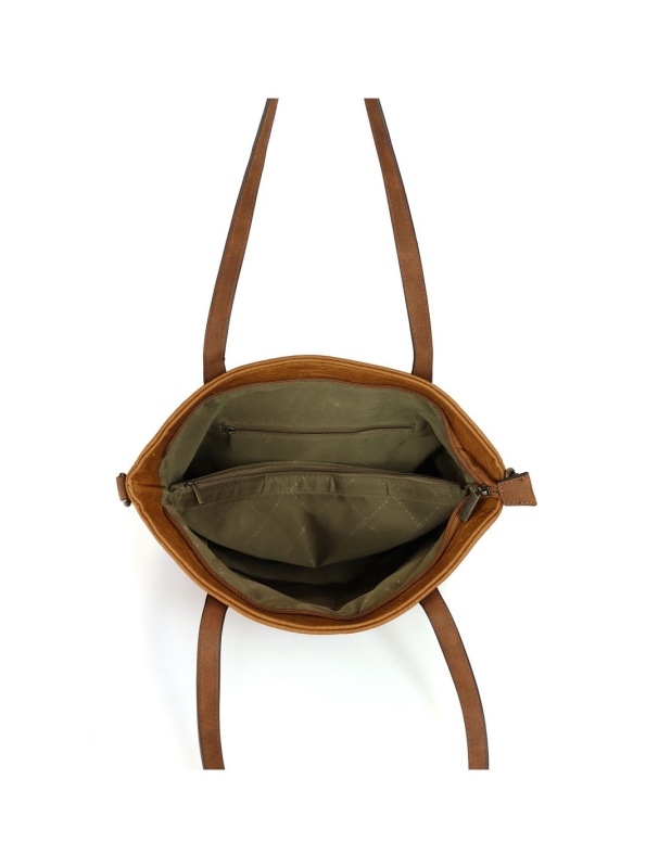 Wnętrze ceglastej torebki D.Cristina z dwoma komorami i czterema kieszonkami