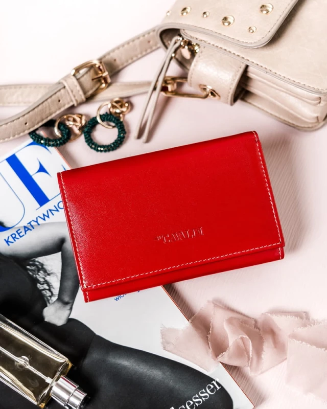Duży portfel damski z bydlęcej skóry naturalnej - Czerwony