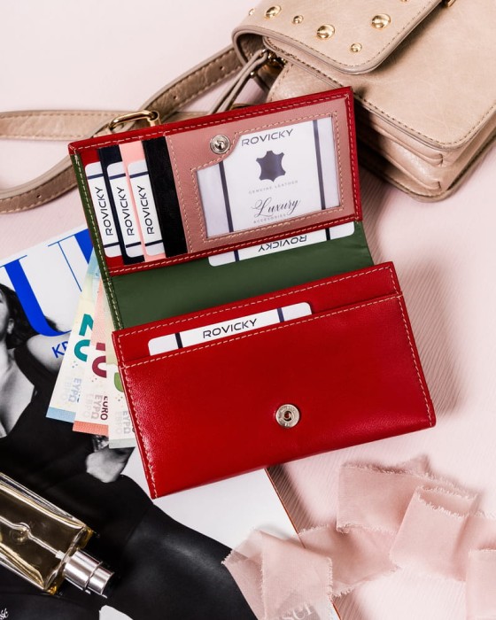 Duży portfel damski z bydlęcej skóry naturalnej - Czerwony