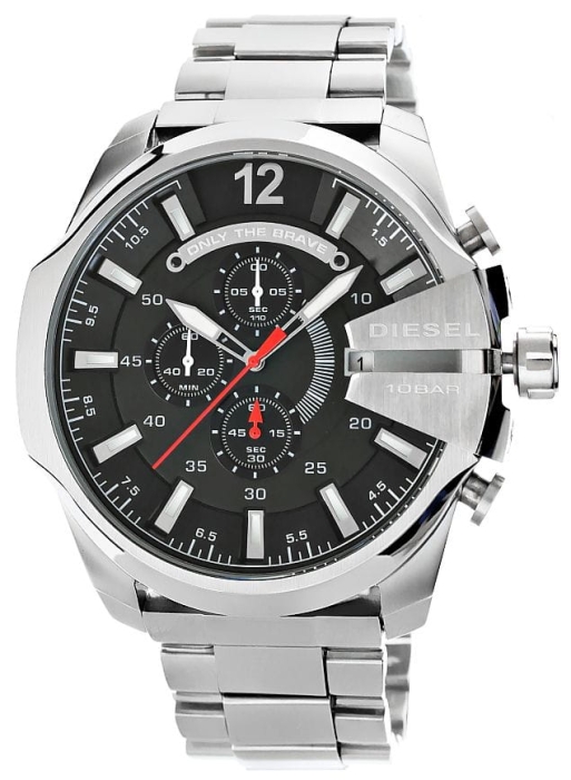 Męski zegarek Diesel DZ4308 ze stalową bransoletą i czarną tarczą z chronografem.