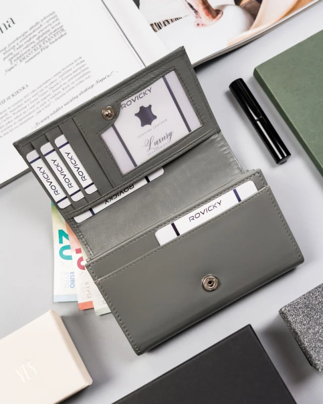 Duży portfel damski z bydlęcej skóry naturalnej - Szary