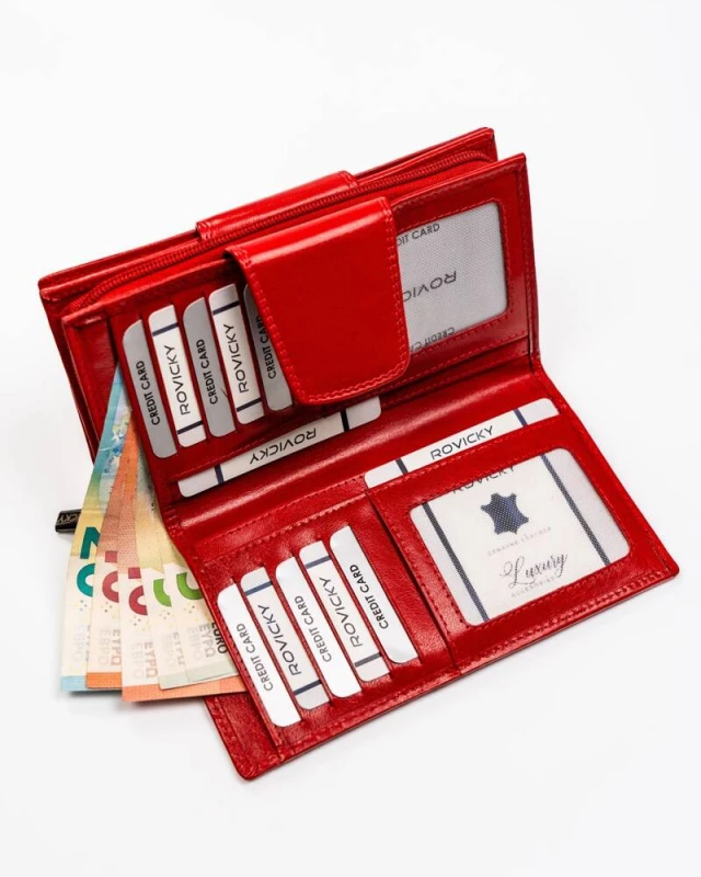 Portfel Rovicky z 10+ przegródkami na karty, kieszenią na monety zamykaną na suwak i miejscem na zdjęcie.