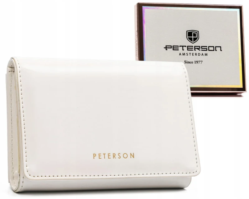 Portfel damski Peterson w białym kolorze, wykonany ze skóry ekologicznej, z funkcją RFID, zatrzaskiem i suwakiem.