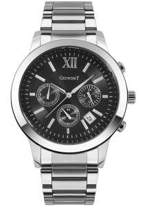 Męski zegarek Giewont Apex Chrono GW6480-1 z czarną tarczą i stalową bransoletą.