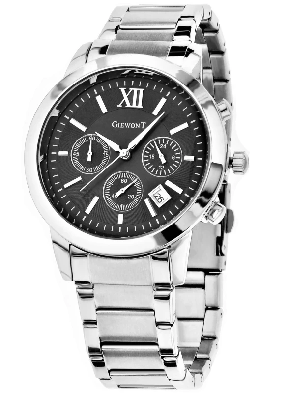 Stalowa koperta zegarka Giewont Apex Chrono GW6480-1 z boczną koronką i przyciskami chronografu.