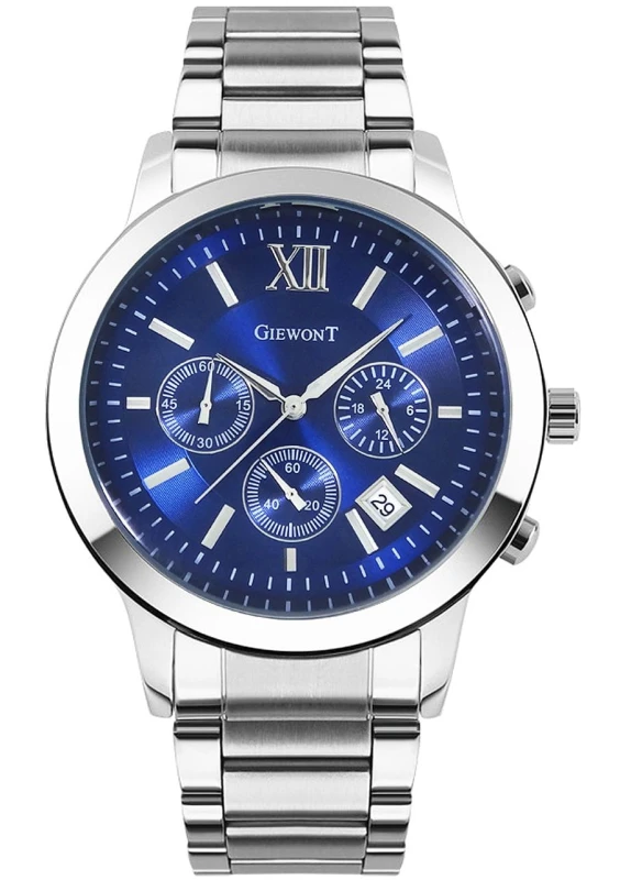 Męski zegarek Giewont Apex Chrono GW6480-2 z niebieską tarczą i stalową bransoletą.