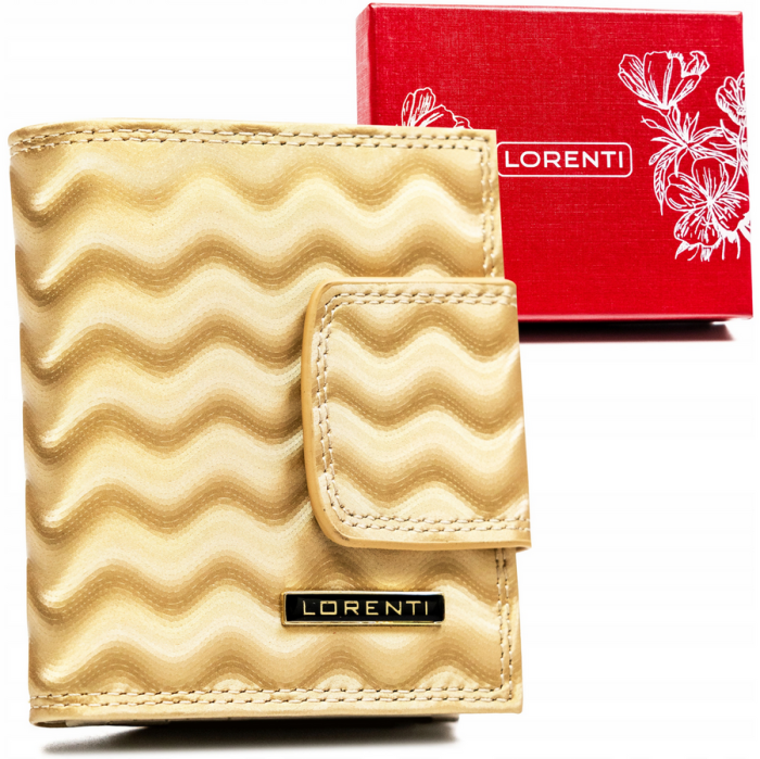 Elegancki mały portfel Lorenti w złotym kolorze, wykonany ze skóry naturalnej, zamykany na zatrzask i bigiel.