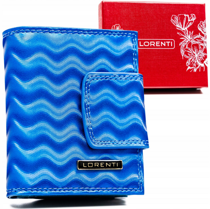 Stylowy mały portfel Lorenti w niebieskim kolorze, wykonany ze skóry naturalnej, zamykany na zatrzask i bigiel.