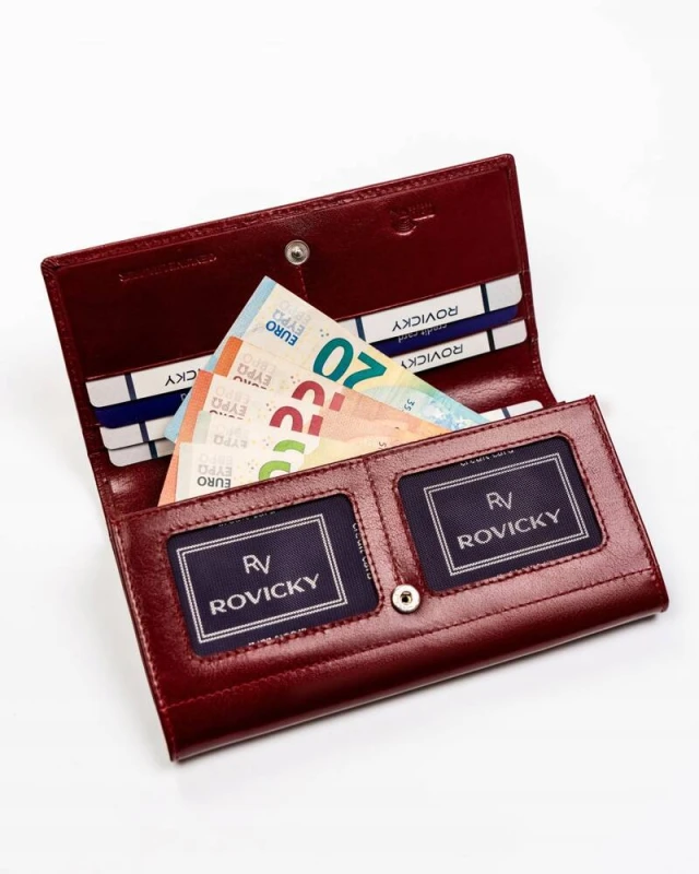 Portfel damski Rovicky ze skóry naturalnej – wnętrze z przegródkami na karty i dokumenty