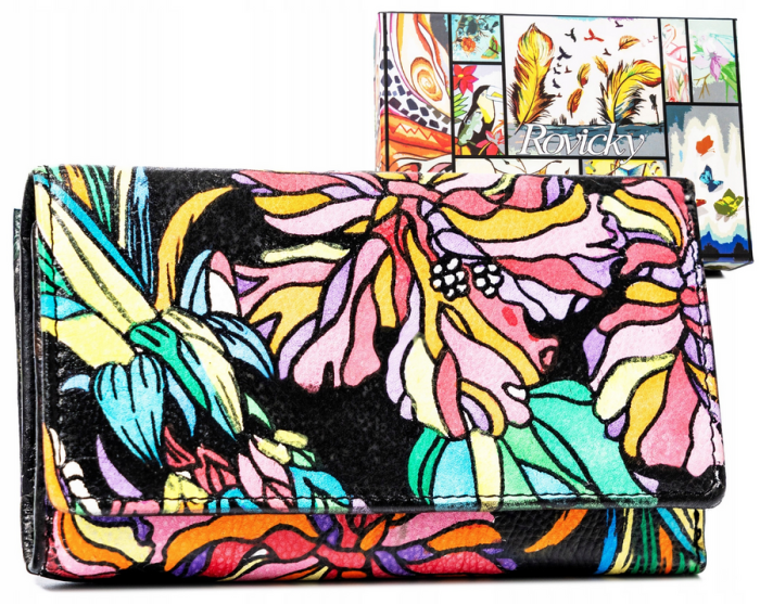 Elegancki portfel damski Rovicky z naturalnej skóry, multicolor z delikatnym wzorem, srebrne okucia.
