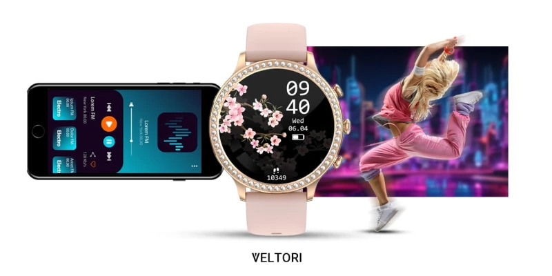 Smartwatch Damski Veltori VT310-1 Złota Bransoleta + Różowy Pasek Silikonowy