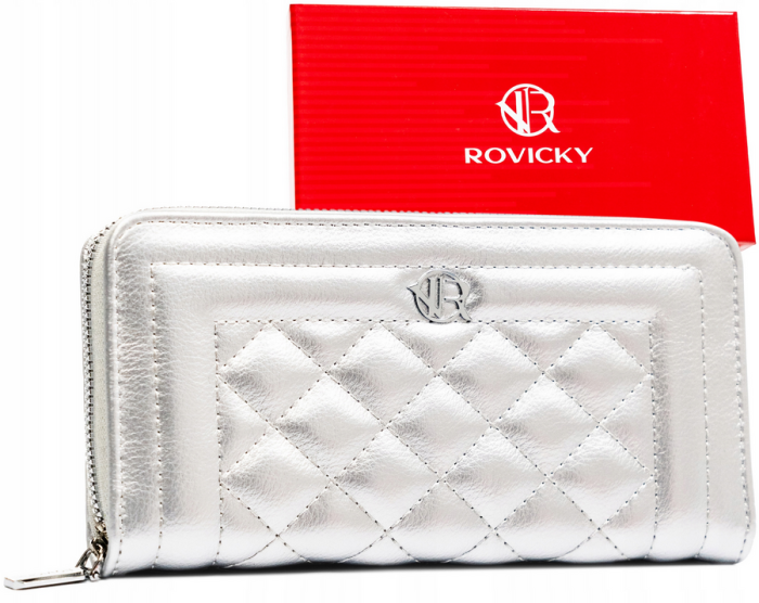 Pikowany, duży portfel-piórnik damski na zamek - Srebrny