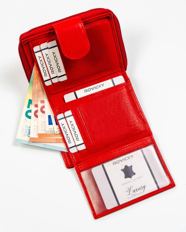 Mały portfel skórzany na zatrzask w czerwonym kolorze - Rovicky