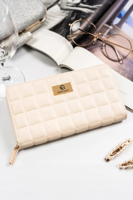 Portfel damski w typie piórnika w kolorze ecru zamykany na suwak - Rovicky