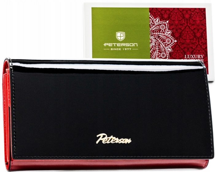 Skórzany portfel damski w kolorze czarno-czerwonym z zewnętrzną kieszenią - Peterson