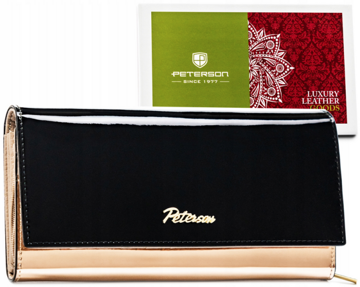 Czarno-złoty portfel damski ze skóry naturalnej z lakierowaną klapką - Peterson