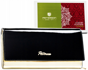 Portfel damski Peterson w eleganckim czarnym kolorze, wykonany z wysokiej jakości skóry naturalnej, z suwakiem i zatrzaskiem.