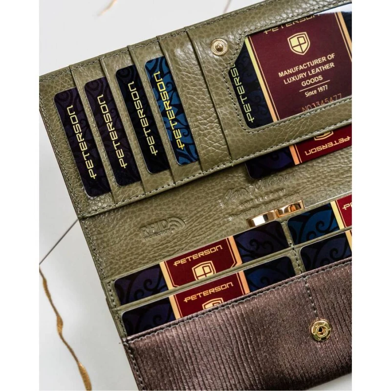 Wnętrze portfela z przegródkami na karty i dokumenty