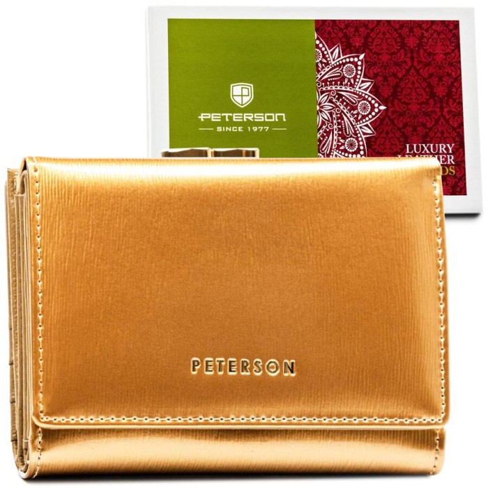 Modny portfel damski złoty z lakierowanej skóry naturalnej - Peterson