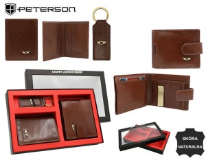 Zestaw prezentowy: skórzany portfel męski, etui i brelok - Peterson