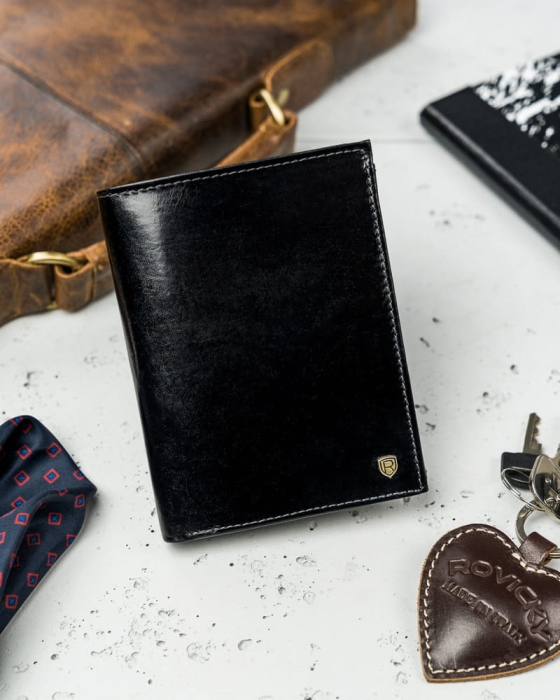 Czarny portfel męski ze skóry naturalnej wyposażony w system RFID - Rovicky