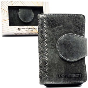 Portfel damski Peterson wykonany ze skóry naturalnej w szarym kolorze, z zamknięciem na zatrzask.