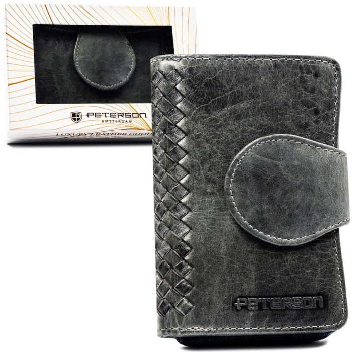 Portfel damski Peterson wykonany ze skóry naturalnej w szarym kolorze, z zamknięciem na zatrzask.