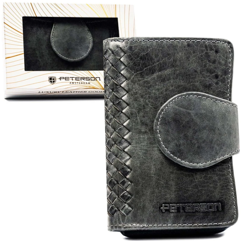 Portfel damski Peterson wykonany ze skóry naturalnej w szarym kolorze, z zamknięciem na zatrzask.