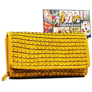 Musztardowy portfel z geometrycznym wzorem skóra naturalna - Rovicky