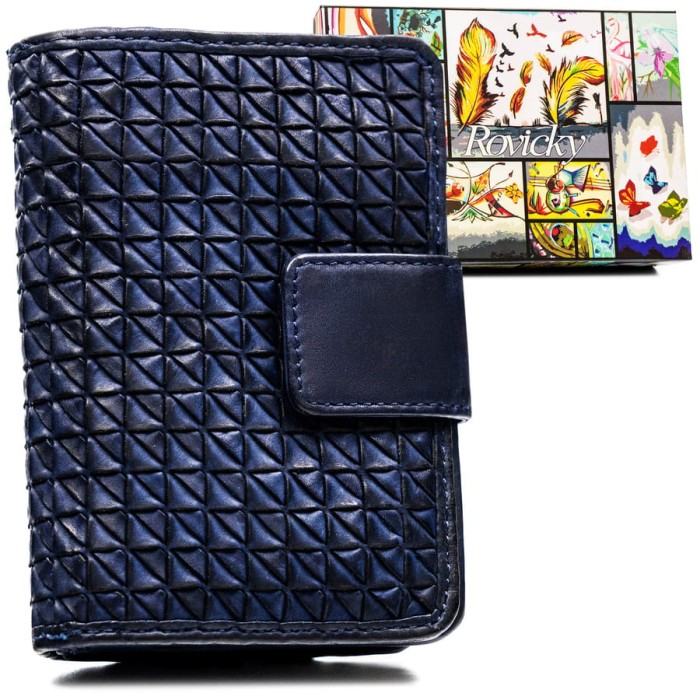 Elegancki portfel damski Rovicky wykonany z granatowej skóry naturalnej z geometrycznym tłoczeniem i złotymi okuciami.