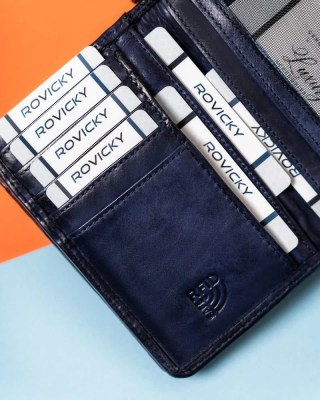 Granatowy portfel damski na dokumenty i karty z RFID - Rovicky