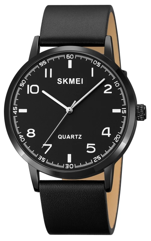 Skmei 1890BKBK to stylowy męski zegarek z czarną tarczą i eleganckim czarnym paskiem skórzanym.