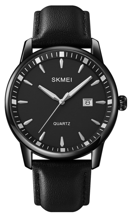Skmei 2121BK to nowoczesny męski zegarek z czarną tarczą i czarnym paskiem skórzanym, doskonały do codziennych stylizacji.