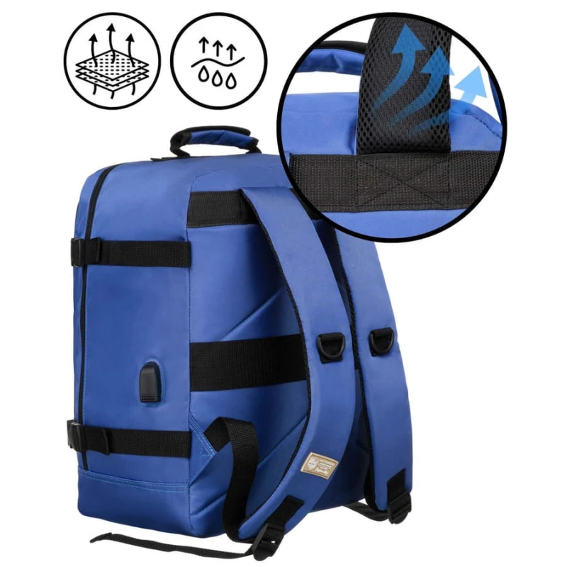 Podróżny plecak z wodoodpornego poliestru w niebieskim kolorze zawieszony na regulowanych szelkach - Peterson