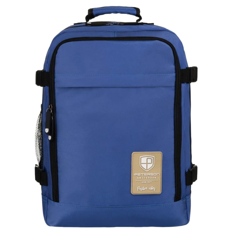 Podróżny plecak z wodoodpornego poliestru w niebieskim kolorze zawieszony na regulowanych szelkach - Peterson