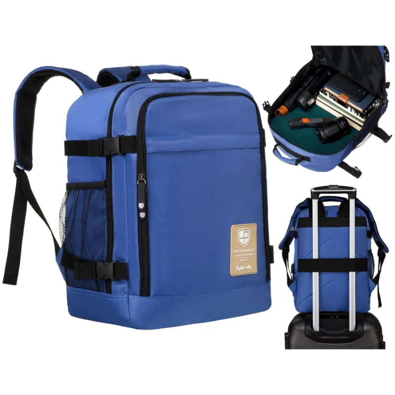 Podróżny plecak z wodoodpornego poliestru w niebieskim kolorze zawieszony na regulowanych szelkach - Peterson