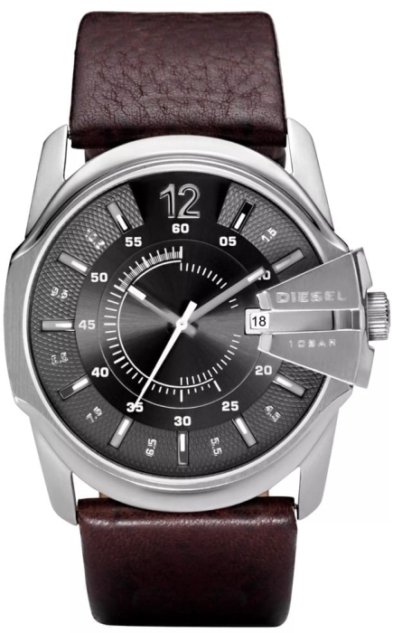 Męski zegarek Diesel CHIEF DZ1206 ze stalową tarczą i brązowym skórzanym paskiem.