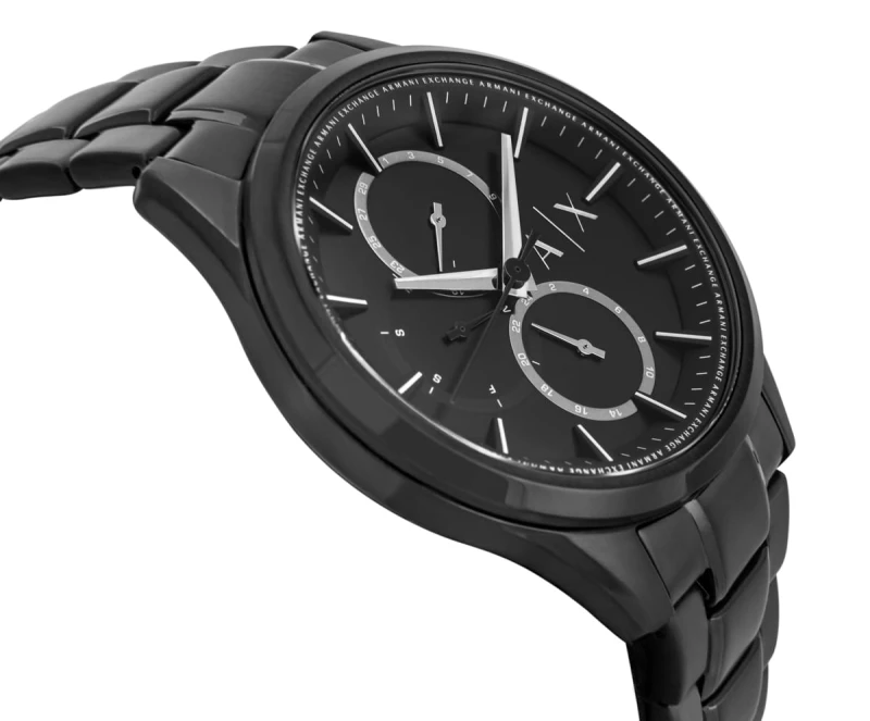 Zegarek Armani Exchange AX1867 – bok stalowej koperty z czarną koronką.
